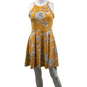Soprano Sundress Womens Medium Yellow Floral High Neck Skater Sleeveless Sunny